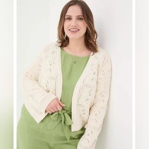 Fat Face Annabelle Cream Patchwork Cotton Crochet Open Cardigan Sweater Size 14